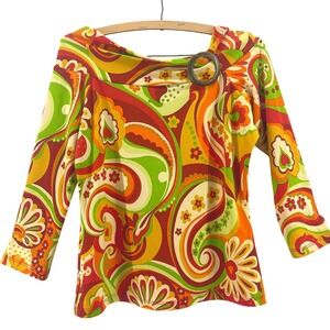 Y2K Forenza Psychedelic Swirl Top Womens M Ring Groovy Boho 2000s Festival Heart